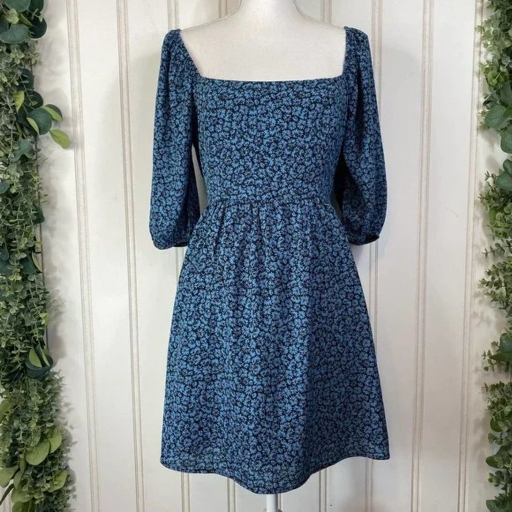 Forever 21 Blue & Black Floral Boho Mini Dress - size MEDIUM